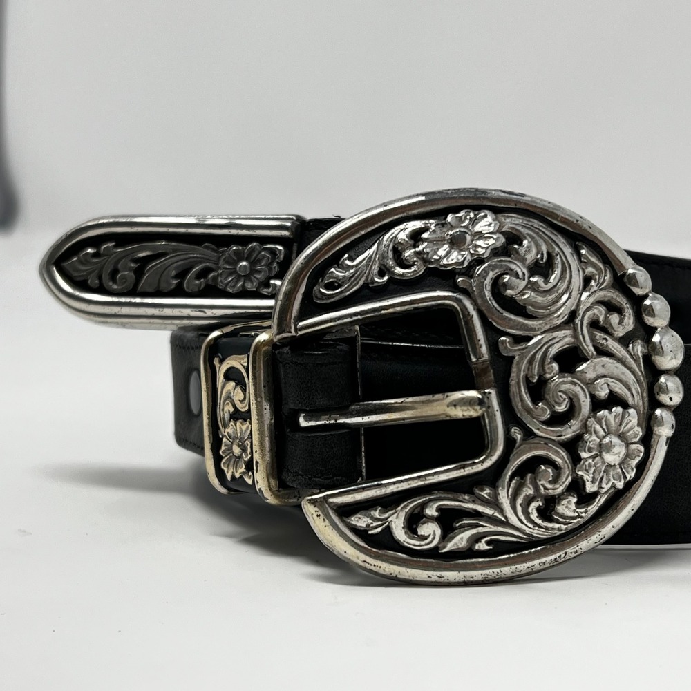 Vintage Justin Black Leather Western Belt Floral Silver Buckle 28 540BK Made USA - Picture 2 of 5